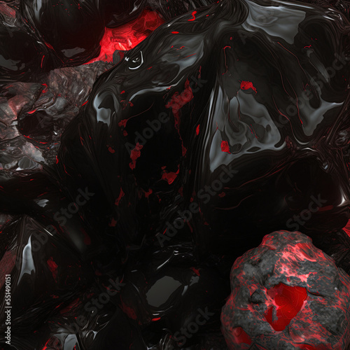 Black stone background with abstract red veins.