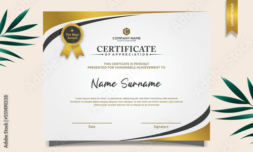Certificate of appreciation template, gold and blue color. Clean modern certificate with gold badge. Certificate border template with luxury and modern line pattern. Diploma vector template