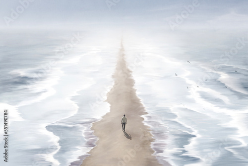 Photographie Illustration of man walking in the beach between two blue seas, surreal abstract