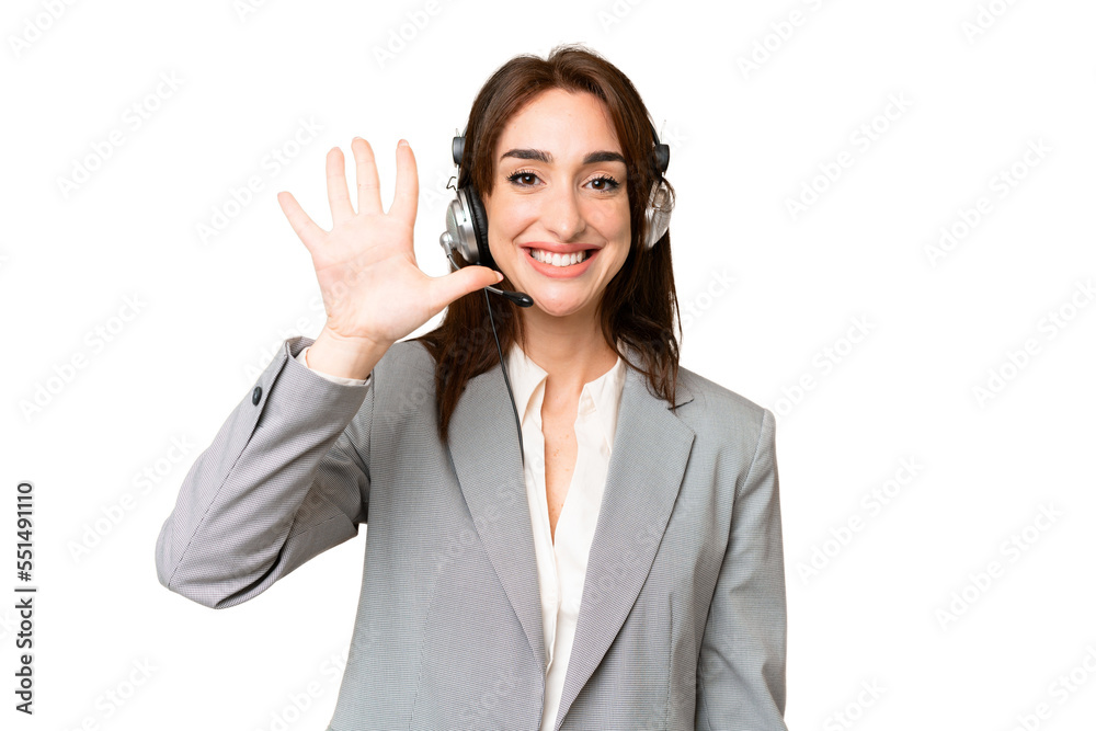 Telemarketer caucasian woman working with a headset over isolated chroma key background counting five with fingers Telemarketer caucasian woman working with a headset over isolated chroma key background counting five with fingers