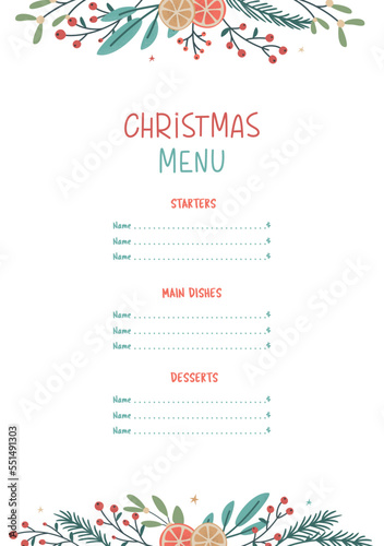 Christmas seasonal menu template with floral and fir branches. Vector illustration in retro minimalistic style. Xmas new year eve theme and happy winter holidays flat style concept