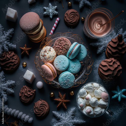 Assorted sweets, dessert, cakes, macarons in a christmas or festive atmosphere, top, flat