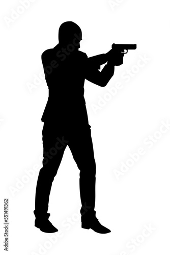 man shooting gun silhouette or shooting man silhouette or Security agent with gun. Silhouette of man standing shooting. Suitable for content-related design assets about shooting. 