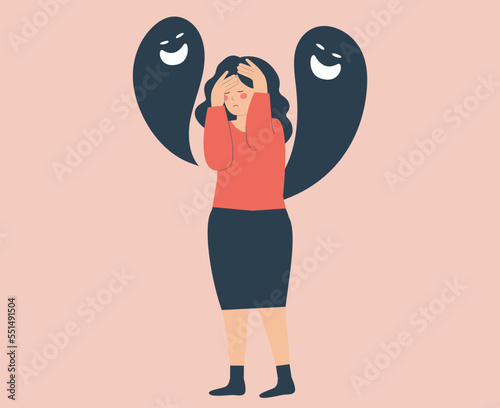 Spirits whisper or hiss to a woman with dissociative identity disorder. Girl with Schizophrenia symptoms looks scared tries to hide her face. Concept of Split Personality or mental health disorder