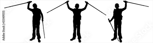 The guy raises his hand to the top to mark the victory. A teen rejoices, raising his hands high with sticks for walking. Achieve success. Teen sports, competitions. Black silhouette isolated on white