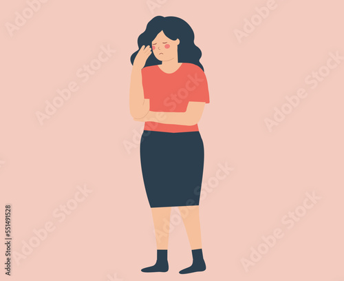 Frustrated woman feels depression, anxiety and stress. Confused girl with emotional overload experiences burnout, dementia and amnesia. Concept of mental health disorder or illness. Vector stock