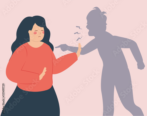Sad woman suffers from bullying and defends herself from an abuser. Victim gets abused and blamed by someone who points a finger on her. Stop violence, abuse and hate against women.