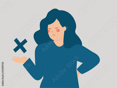 Woman holds a reject mark to protest or disapprove something. Activist female disagrees about new laws by saying NO or STOP. Voting, feedback, review and rejection concept. Vector illustration photo