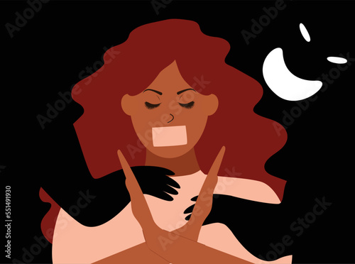 African woman suffers from sexual abuse, assault, bullying. Activist black female expresses disagreement, protests and says enough and no. Stop domestic violence against women concept.