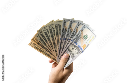 Isolate of hand holding USD dollar banknote with clipping path , Dollar is the main money which the world use exchange.