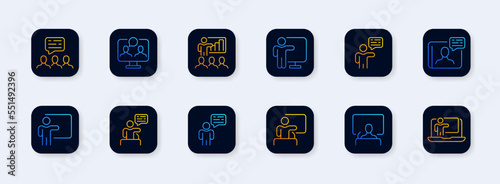 Working communication set icon. Online conference, computer, hierarchy, subordinates, teamwork, information exchange, arrows, gear, distribution of responsibilities. Neomorphism. Vector line icon