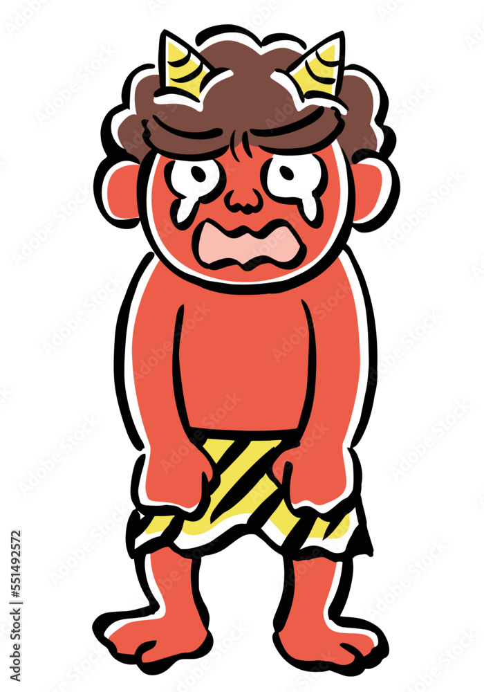 しょんぼりして涙を流す赤鬼のイラスト