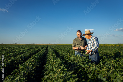 Fényképezés Two farmers in a field examining soy crop.