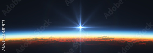 Earth sunrise from space over cloudy ocean. 3d rendering