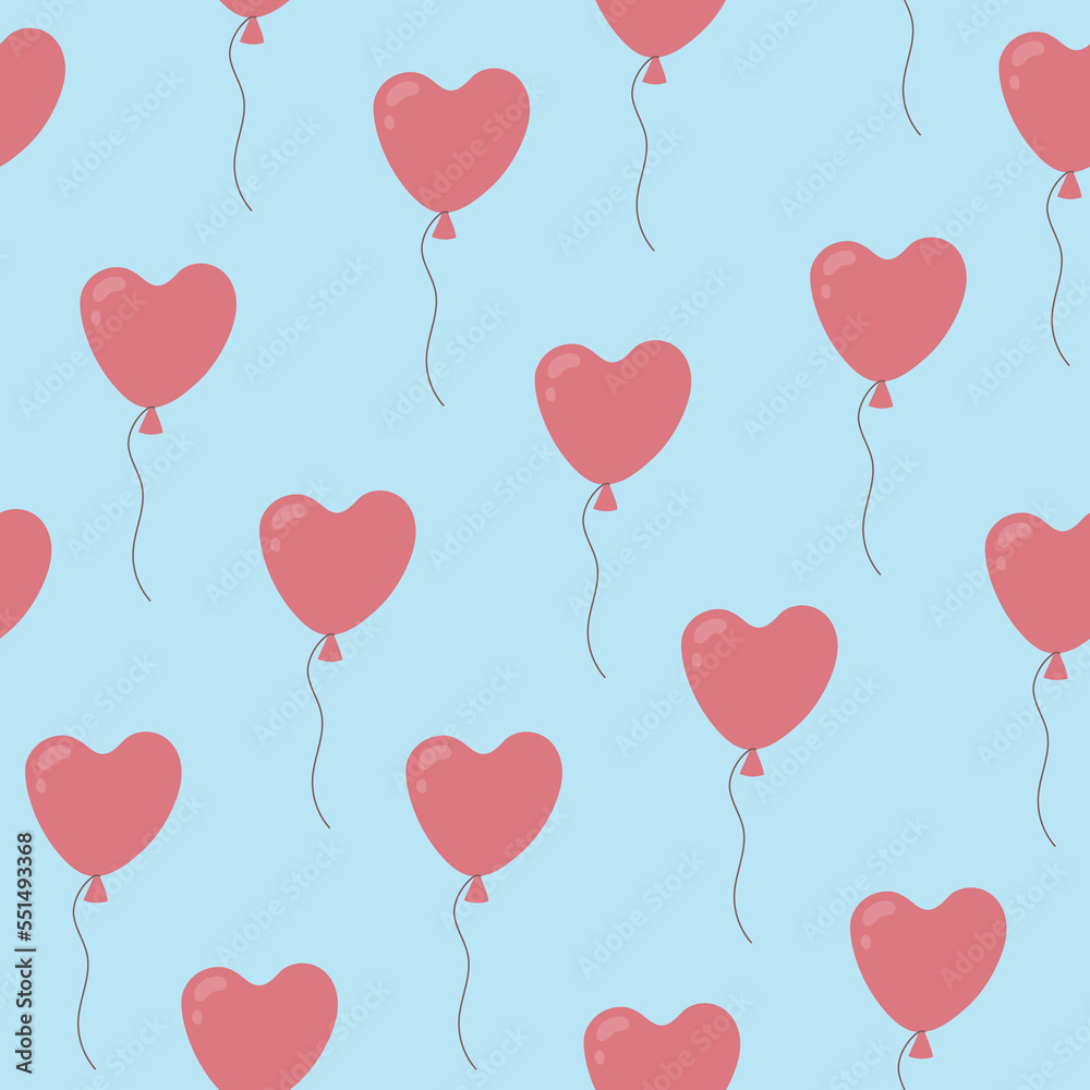 Seamless pattern with pink heart shaped balloons on blue background. Hand drawn doodle style
