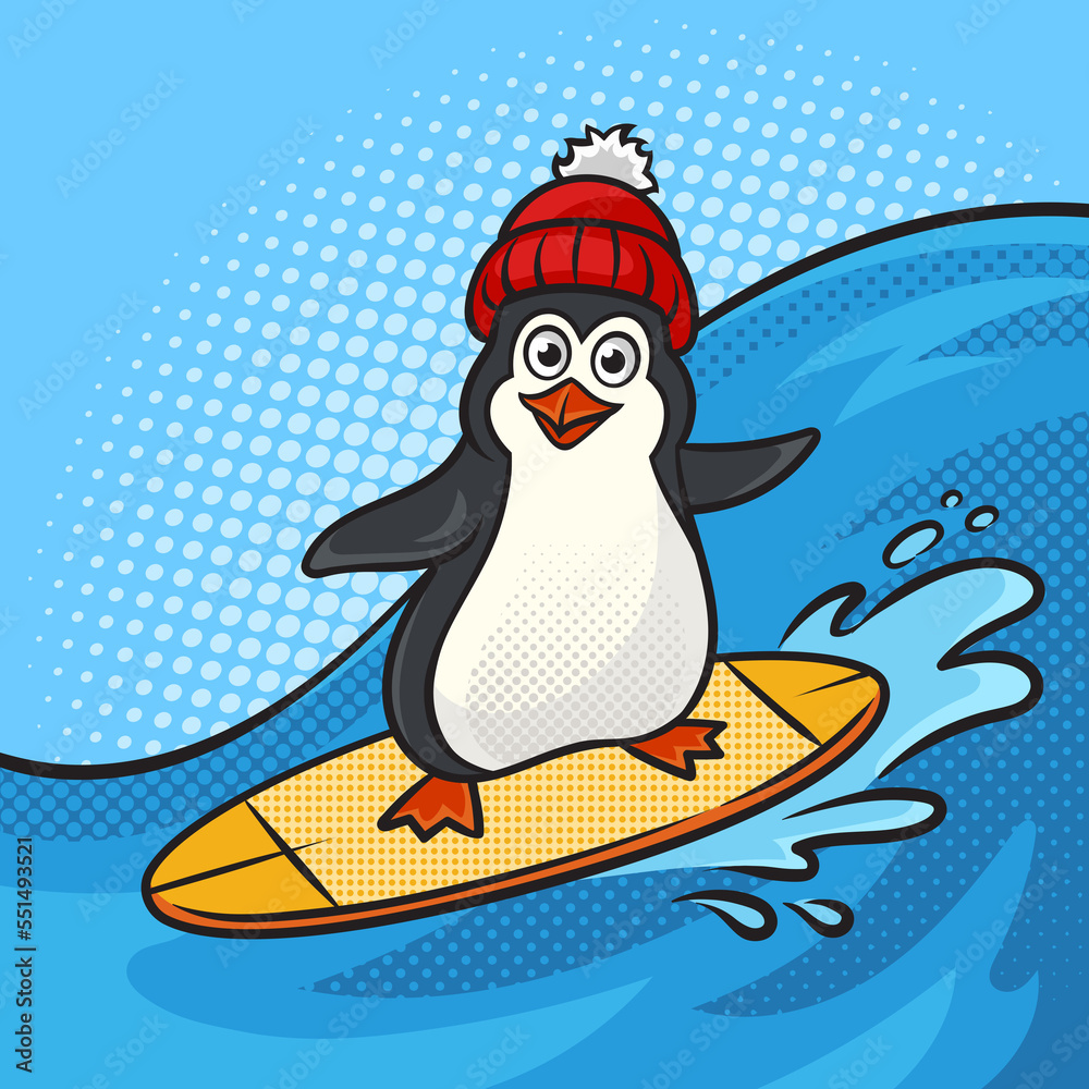 Fototapeta premium penguin on surfboard rides on sea wave pinup pop art retro raster illustration. Comic book style imitation.