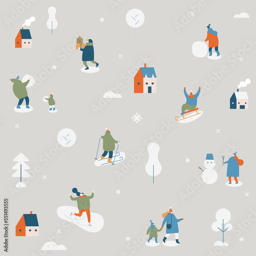 Winter outdoor activities. Flat  illustration.