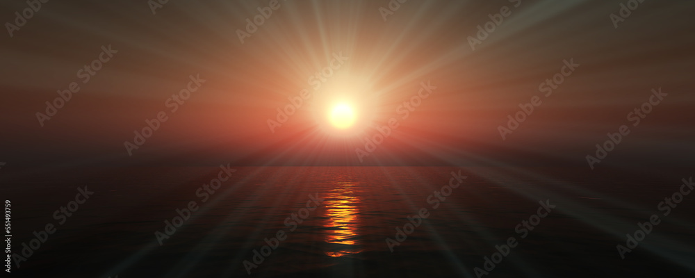 Obraz premium sunset sea sun ray clear sky. 3d rendering