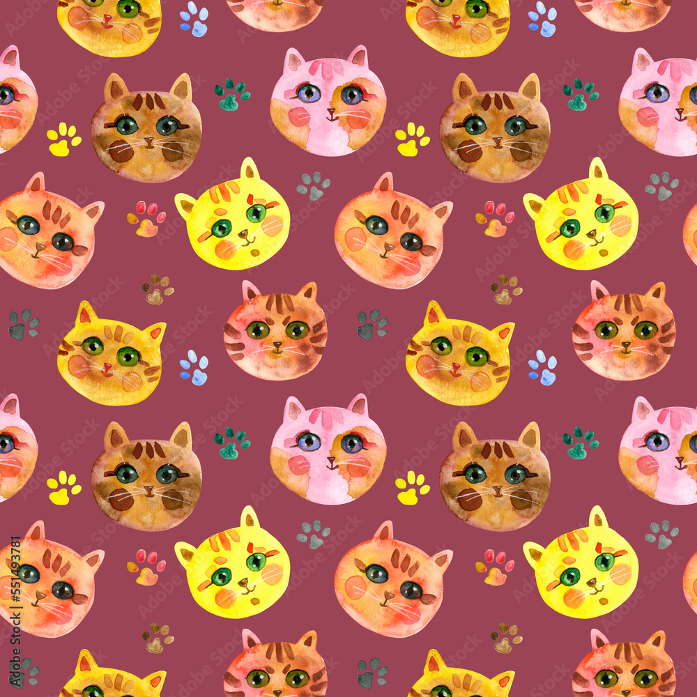 Cats on a pink background. Cute Cat muzzle. Watercolour hand drawn illustration. For fabric, sketchbook, wallpaper, wrapping paper. Cats on a pink background. Cute Cat muzzle. Watercolour hand drawn illustration. For fabric, sketchbook, wallpaper, wrapping paper.
