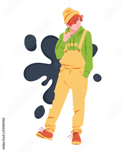 The boy is standing and slouching. A teenager in a yellow jumpsuit, red sneakers, a green sweater, and a yellow hat. Teenager with red hair. Shy, resentful guy. Vector illustratoin in flat style
