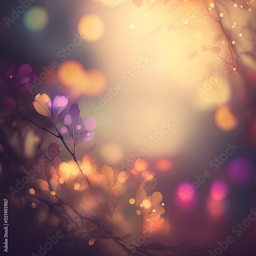 Abstract fairy tale blurred background with flower plant elements and bokeh lights. Generative ai