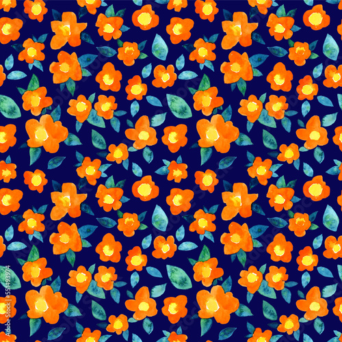 Floral seamless pattern of Watercolor painted floral bright orange flowers. Aquarelle art. On dark blue background. For fabric, sketchbook, wallpaper, wrapping paper.