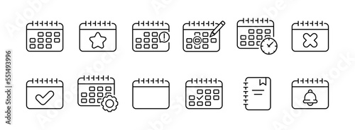 Calendar set icon. Anniversary, important day, note, reminder, year, clock, tick, memorandum, punctuality, week, month. Date concept. Vector line icon on a white background