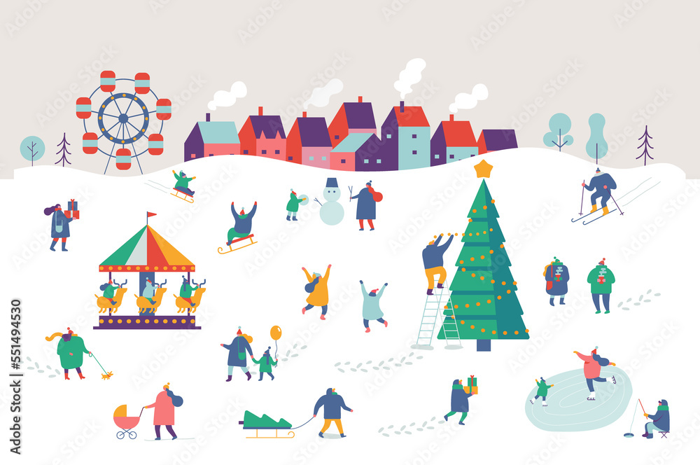 Winter outdoor activities. Flat  illustration.