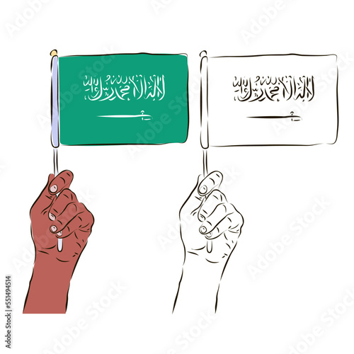 The flag of Saudi Arabia is in the hand of a man in color and black and white. The concept of patriotism.