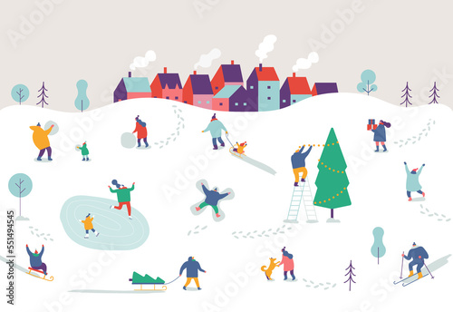 Winter outdoor activities. Flat illustration.