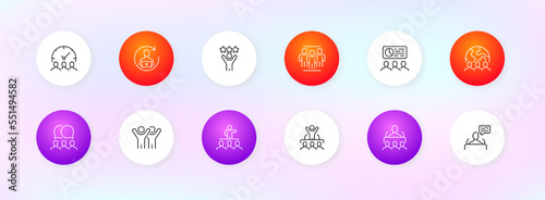 Business set icon. Society, relationships, friendship, management, infographics, chart, delegation, stars, resume, portfolio. Neomorphism style. Vector line icon