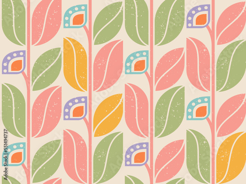 Vector vintage seamless pattern with abstract geometric plants. Geometric pattern with retro abstract flowers in groovy style.