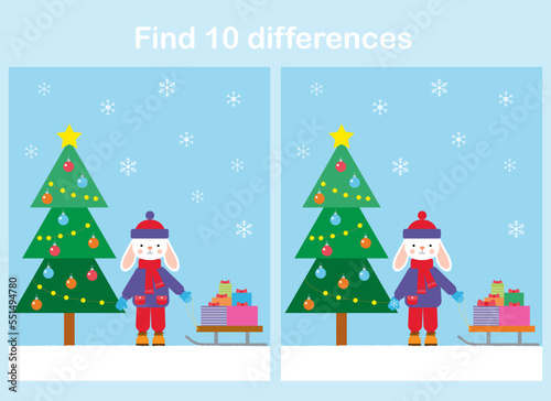 Educational game for kids. Find 10 differences in the pictures. Cute rabbit and Christmas tree.