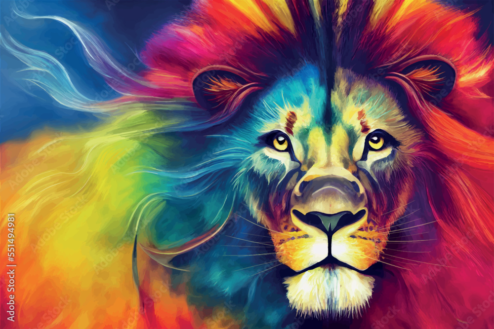creative colorful lion king head on pop art style with soft mane and ...
