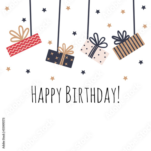 A collection of gift boxes hanging from above. Happy Birthday concept. Shopping and presents.