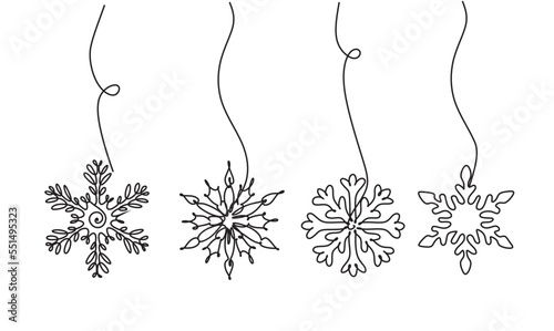 Continuous line drawing set of snowflakes, winter theme.