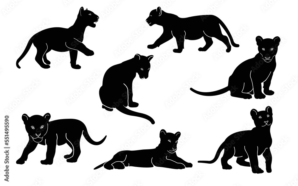 Set of stylized silhouettes of different poses baby tigers. Isolated on white background. Tiger logo designs set. Symbol, Vector.