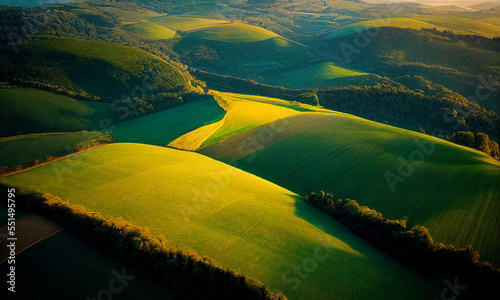 Green and yellow nature landscape backdrop with an aerial view of a Pastoral green field, Generative AI