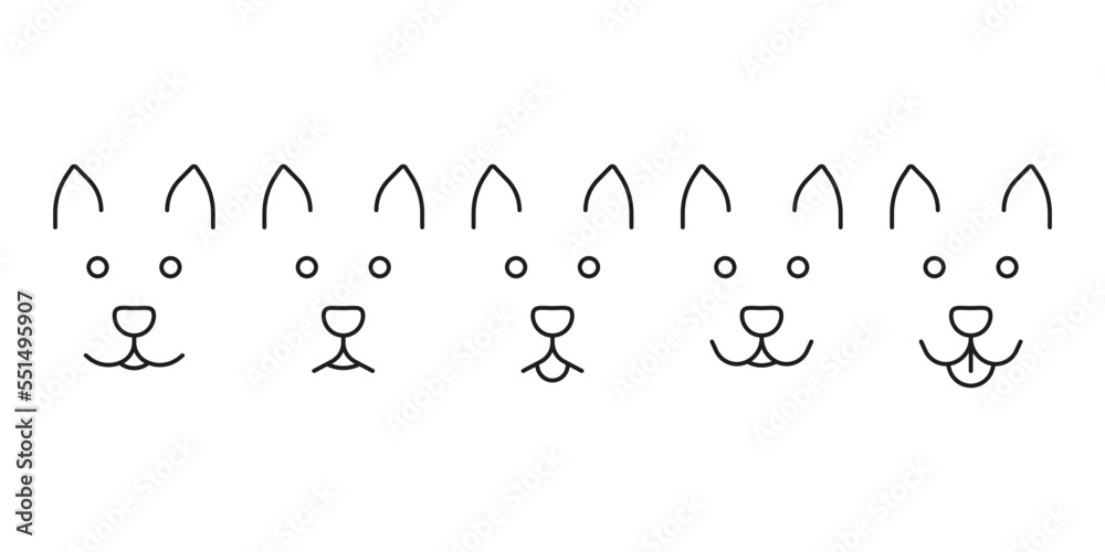 Dog face set, pet head with different emotion, line icon. Dog is calm