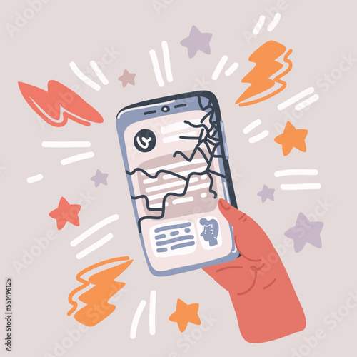Vector illustration of broken phone in hand. Damaged cellular phone in human arm or telephone repair service