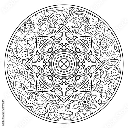 Outline round flower pattern in mehndi style for coloring book page. Antistress for adults and children. Doodle ornament in black and white. Hand draw vector illustration.