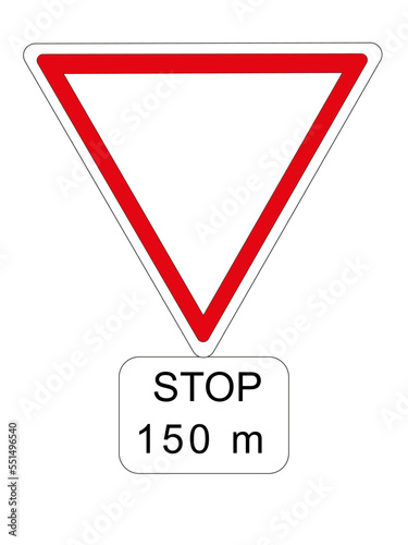 Panneau routier français: Stop à 150m, cédez le passage à l'intersection	