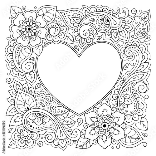 Frame in eastern tradition. Stylized with henna tattoos decorative pattern for decorating covers for book, notebook, casket, magazine, postcard and folder. Flower Heart in mehndi style.