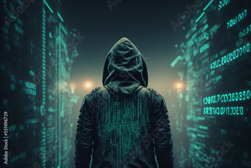 Hacker in black hoodie back side, with green binary data background, glowing, generative ai