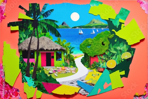 Tropical Mediterranean paradise paper cutout collage of cool summer sunshine vibes - exotic travel destination and relaxing holiday hotel theme. Vibrant colorful flowers, ocean waves and palm trees. 