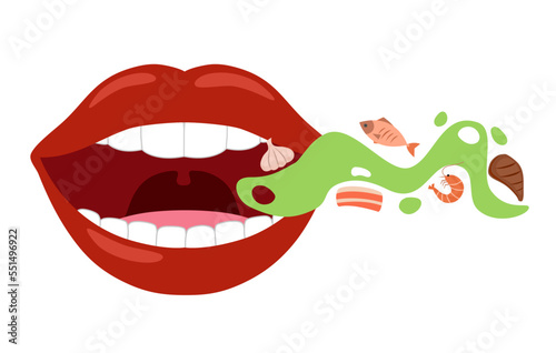 Woman with bad breath in flat design on white background. Smelly mouth with food vector illustration.