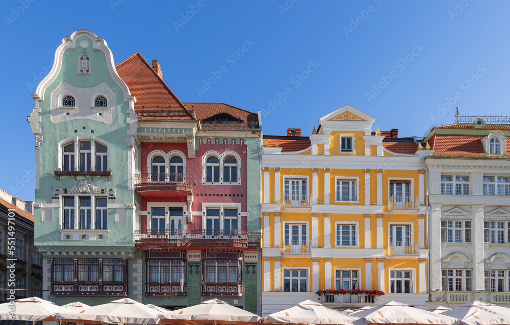 Fototapeta premium Bruck House is architectural jewel of Timisoara, built in Art Nouveau and Secession styles, with Hungarian folk motifs erected in 1910 with ground floor pharmacy that is still working today, Romania