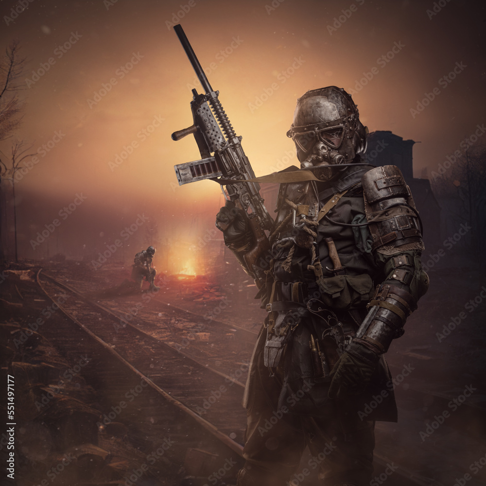 Artwork of military man dressed in ragged armor holding shotgun on railway. Artwork of military man dressed in ragged armor holding shotgun on railway.