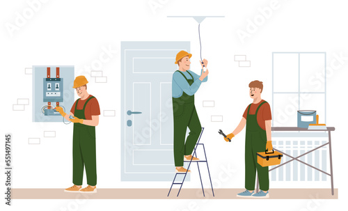 Home craftsmen and repairmen. Renovation workers in uniform, electricians doing apartment repair, professional decorating service. Connecting power. Vector cartoon flat concept