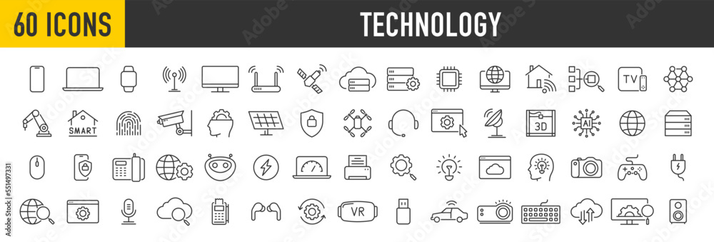 Set of 60 Technology web icons in line style. Computing, social network, management, internet, network, programming, Internet connection collection. Vector illustration. Set of 60 Technology web icons in line style. Computing, social network, management, internet, network, programming, Internet connection collection. Vector illustration.